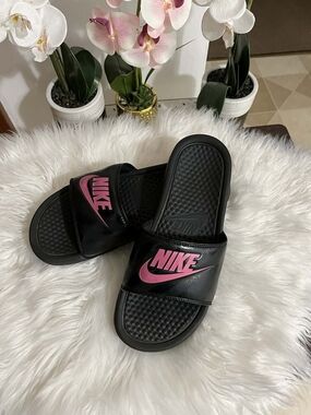 Nike Black Slide Sandals with Pink Swoosh